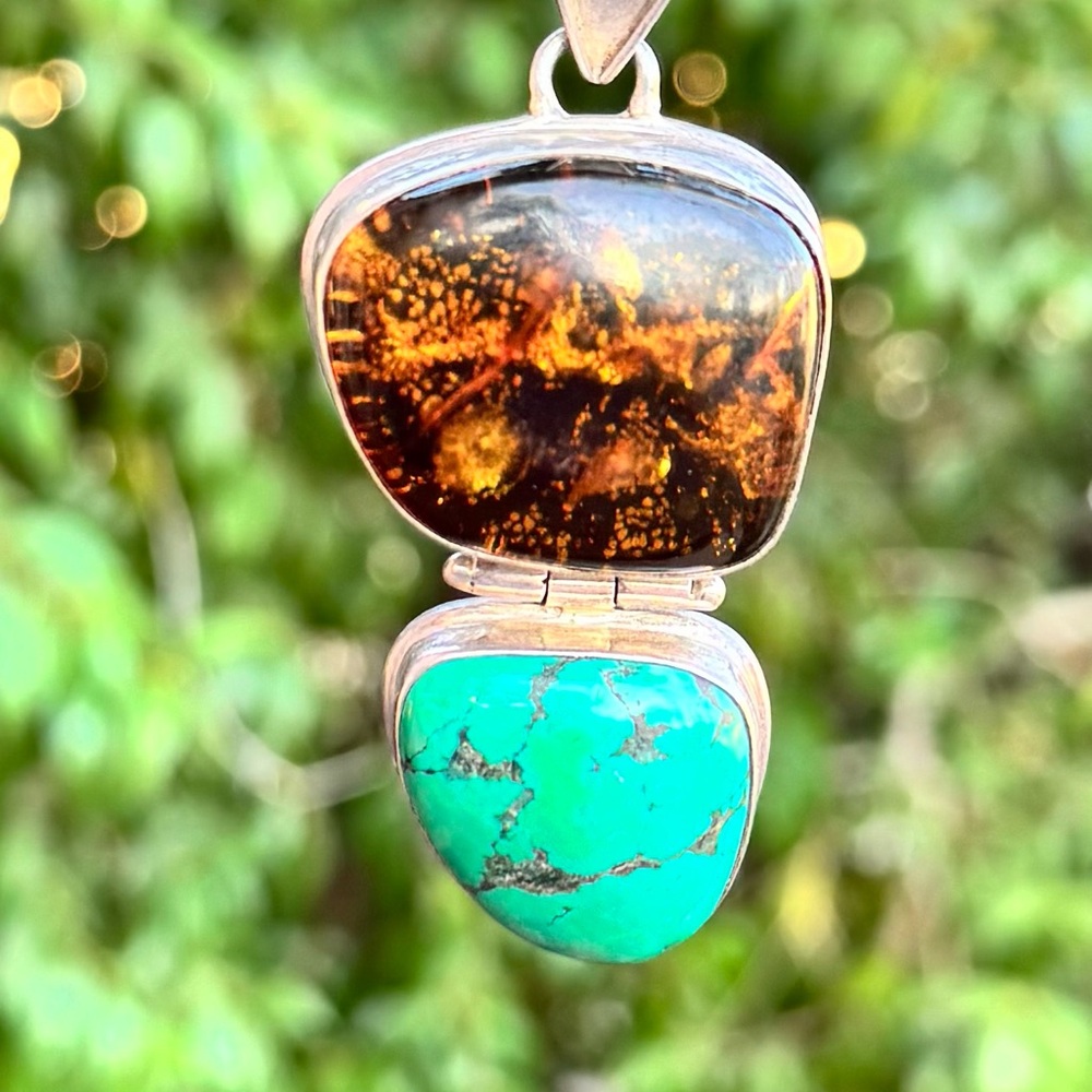 🌟 Vintage Sterling Silver Amber & Turquoise Statement Pendant